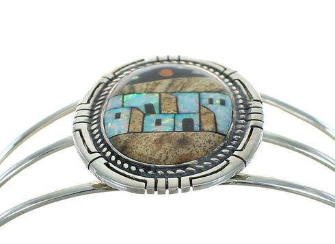 Native American Pueblo Design Sterling Silver Multicolor Inlay Bracelet RX69136